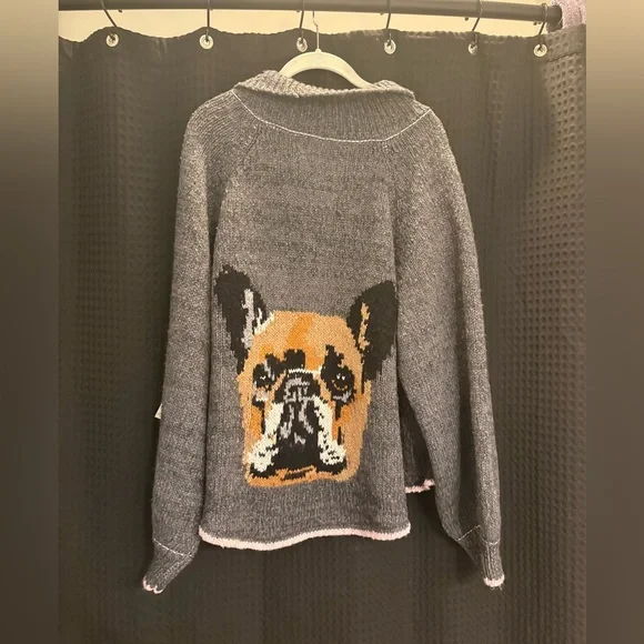 Anthropologie The Jesse Dog Icon Cardigan Sweater Pilcro XL French Bulldog NWT - Picture 4 of 8